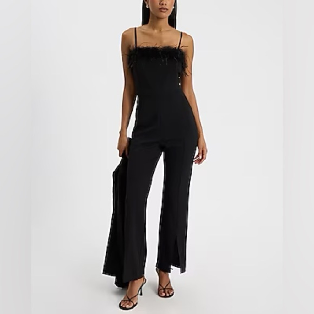 🆕 Express Black Jumpsuit with Feather Detail size XS